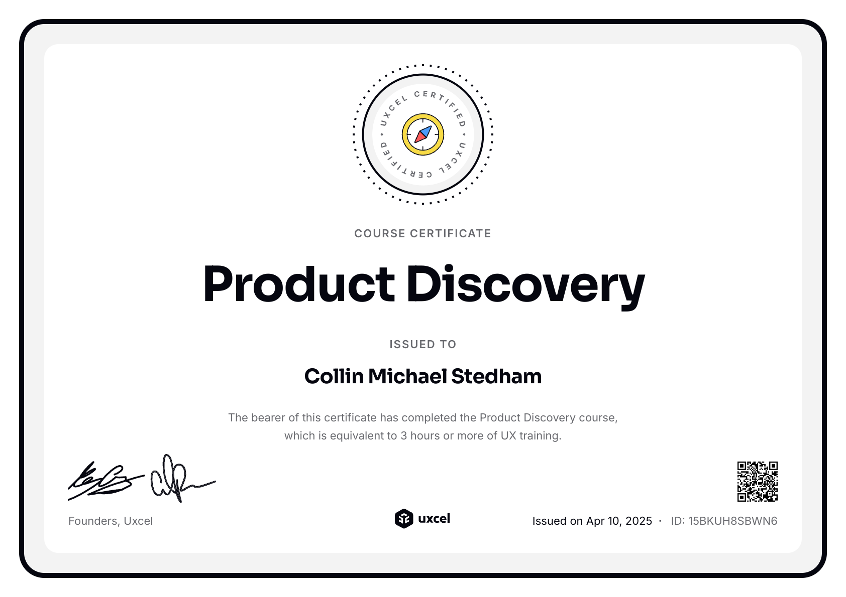 Collin Stedham's certificate